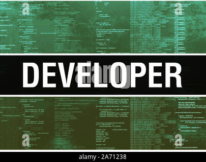 Entwickler Konzept mit zufälligen Teilen des Programmcodes. Entwickler mit Programmiercode abstrakte Technologie Hintergrund der Software Entwickler und Computer Stockfoto