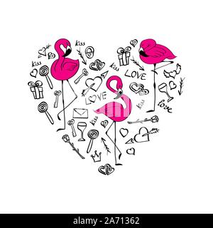 Einstellen der Valentinstag doodles mit rosa Flamingos in Herzform Rahmen. Vektor handgezeichnete Illustrationen. Stock Vektor