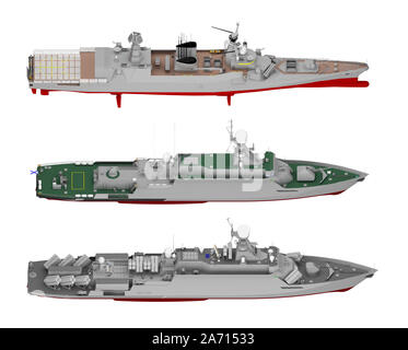 Eingestellt von Kriegsschiffen isoliert auf Weiss. 3D-Rendering Stockfoto