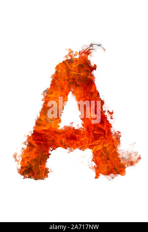 lateinischer Buchstabe A aus Feuer auf weißem Hintergrund Stockfoto