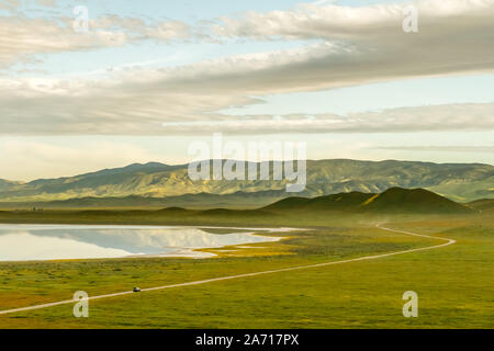 Straße durch Wunderland - Soda See Straße führt Besucher durch Carrizo Ebene. Carrizo Plain National Monument, Kalifornien, USA Stockfoto