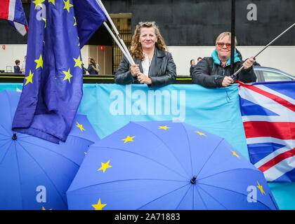 London, UK, 29. Okt 2019. Pro und Anti-Brexit Demonstranten haben wieder einmal brachten Plakate, Banner und Fahnen zu den Häusern des Parlaments, wie MPs Aussprache und Abstimmung über eine mögliche allgemeine Wahlen im Palast von Westminster. Credit: Imageplotter/Alamy leben Nachrichten Stockfoto