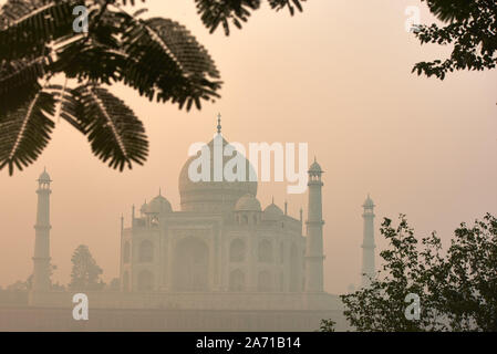 Einzigartige mausoleum Taj Mahal Sonnenaufgang und misty Blick von der Flussseite, Agra, Indien Stockfoto