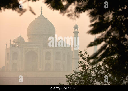 Einzigartige mausoleum Taj Mahal Sonnenaufgang und misty Blick von der Flussseite, Agra, Indien Stockfoto