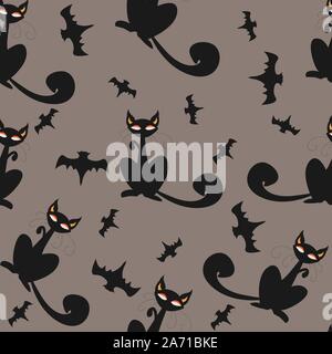 Nahtlose Muster von Halloween Katzen und Fledermäuse in Schwarz, traditionelle orange Hintergrund. Gut für Textildruck, Web, Papier, Verpackungen, Textilien, Hintergründe Stock Vektor