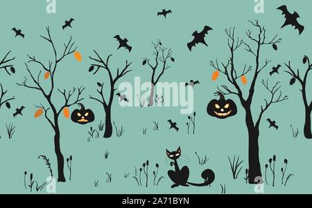 Halloween Hintergrund mit Silhouetten. Nahtlose Muster. Halloween Vektor Karte, Textur oder Hintergrund. Vector Art. Stock Vektor