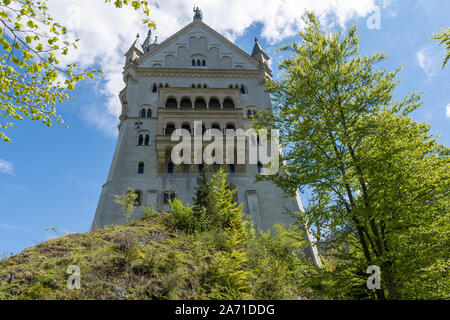 Schloss Neuschwanstein in Deutschland von East Side von unten mit einer Birke auf der rechten Seite in den Vordergrund und blauer Himmel im Hintergrund. Stockfoto