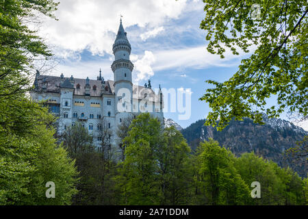 Schloss Neuschwanstein in Deutschland von Norden mit Birken und ein clody Himmel und Berg im Hintergrund eingerahmt. Stockfoto