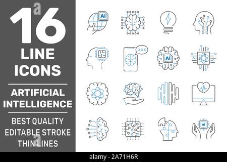 Maschinelles Lernen und künstliche Intelligenz Symbole gesetzt. Tiefe lernendes neuronales Netzwerk Konzept. Editierbare Schlaganfall. EPS 10. Stock Vektor