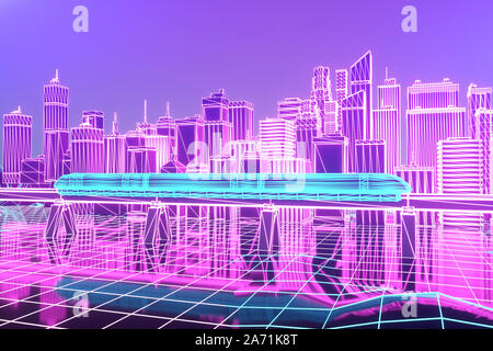 Die futuristische neon Night city, der Zugverkehr auf der Eisenbahnbrücke. 3D-Darstellung. Stockfoto