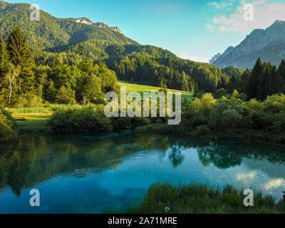 Zelenci Naturpark in der Nähe von Kranjska Gora, Slowenien. Schönen See mit charakteristischen blau-grüne Farbe. Stockfoto