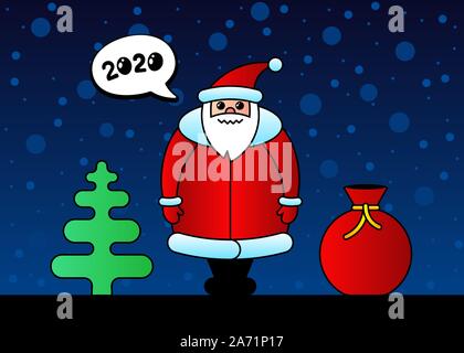 Cute Cartoon lustige kawaii Weihnachtsmann roten Charakter für Weihnachten und Happy New Year Feier. Geschenktüte Fichte und Schnee in der Nacht süß Winter Urlaub Grußkarte. Vektorgrafik Inspiration Stock Vektor