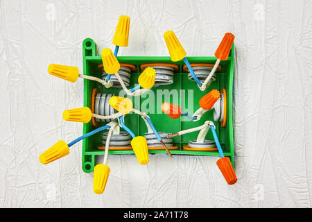 Installation einer Kunststoff Anschlussdose in einem Heim Leitungsnetz. Anschlüsse Kabel mit einem Twist-Mutter auf den Steckverbinder des Kabels an. Spleißen Sie verdrehen. D Stockfoto