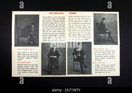 Replica Erinnerungsstücke über die Beatles: Profile innerhalb des Programms für die Beatles Auftritt auf der Royal Hall Harrogate, 8. März 1963. Stockfoto