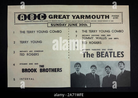 Replica Erinnerungsstücke über die Beatles: Innerhalb des Programms für die Beatles Auftritt auf der ABC Great Yarmouth, 30. Juni 1963. Stockfoto