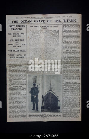 Replica Erinnerungsstücke im Zusammenhang mit der Titanic: "Der Ozean Grab von inside Seite der Titanic', der tägliche graphische In-Memoriam-Nummer, 20. April 1912. Stockfoto