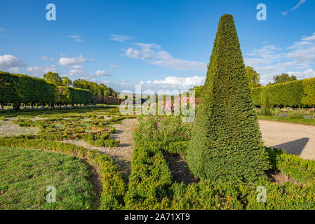 Champs-sur-Marne, Frankreich - Oktober 6, 2019: Blick auf ein klassischer französischer Garten mit Eibe Strauch in Pyramidenform im Vordergrund beschnitten werden, berücksichtigt Stockfoto