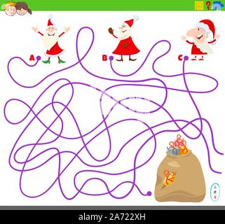 Cartoon Illustration von Linien Labyrinth Puzzle Aktivität Spiel mit Santa Claus Weihnachten Figuren und Sack mit Geschenken Stock Vektor