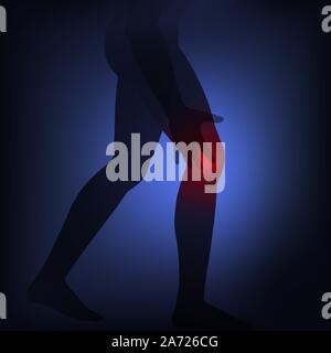 Mann silhouette Touch knie, Schmerzen. Gesundheit Probleme Konzept, Arthritis, Gicht, geplatzte Ligament, Vector Illustration Neonlicht Stil, Low Poly. Stock Vektor