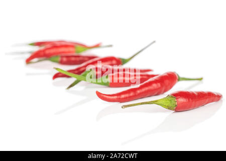 Menge ganze Hot red chili diagonal auf weißem Hintergrund Stockfoto