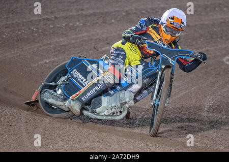 Manchester, Großbritannien. 29 Okt, 2019. MANCHESTER, England 29. OKTOBER Ellis Perks in Aktion Während der Belle Vue Colte v Leicester Lion Cubs, SGB National League KO-Cup) (2 Bein) bei Belle Vue nationalen Speedway Stadion, Manchester, Dienstag, 29. Oktober 2019 (Foto: Ian Charles | MI Nachrichten) © MI Nachrichten Credit: MI Nachrichten & Sport/Alamy leben Nachrichten Stockfoto