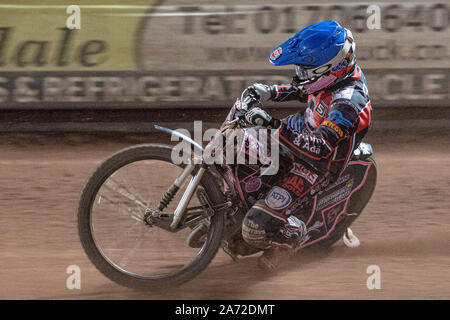 Manchester, Großbritannien. 29 Okt, 2019. MANCHESTER, England 29. OKTOBER Leon Flint in Aktion Während der Belle Vue Colte v Leicester Lion Cubs, SGB National League KO-Cup) (2 Bein) bei Belle Vue nationalen Speedway Stadion, Manchester, Dienstag, 29. Oktober 2019 (Foto: Ian Charles | MI Nachrichten) © MI Nachrichten Credit: MI Nachrichten & Sport/Alamy leben Nachrichten Stockfoto