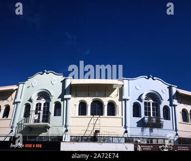 Die schönen pastellfarbenen alten historischen Gebäuden der Neue Regent Street, Christchurch, Neuseeland Stockfoto