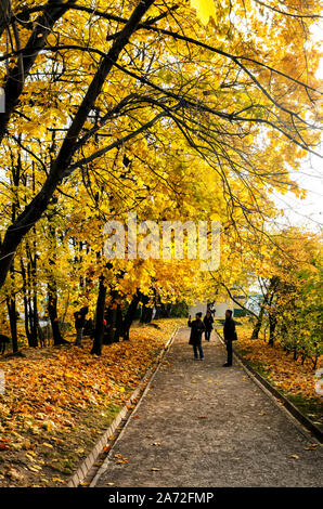 MOSKAU, RUSSLAND - AUGUST 11 2014: Die Menschen gehen auf einem Wanderweg im Herbst Moskauer Park Stockfoto