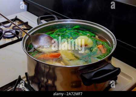 Hausgemachte Vorbereitung Hühnersuppe mit Gemüse in Metall pan Brühe mit Kräuter Stockfoto