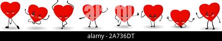 Valentinstag. Rote Herz auf einem weißen Hintergrund. Niedlich kawaii Zeichentrickfiguren mit Augen und Arme und Beine. Stock Vektor