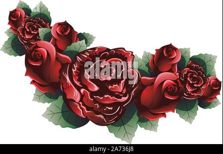Dunkelrot rosa Blüten mit Blättern auf weißem Hintergrund. Stock Vektor