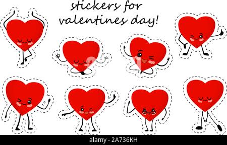 Valentinstag. Der Aufkleber auf einem weißen Hintergrund. Niedlich kawaii cartoon Herzen mit Augen und Arme und Beine. Fröhliches Herz Charakter rot.. Stock Vektor