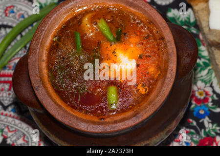 Borsch - Suppe mit Kohl, Rüben und Schwein - in einen Tontopf mit Schmalz auf ein Stück Brot und eine Feder der grüne Zwiebel Stockfoto