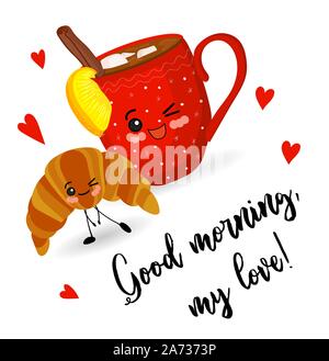 Kawaii Cups. Zeichen mit Schokolade und Marshmallows. Grußkarte. Guten Morgen. Stock Vektor