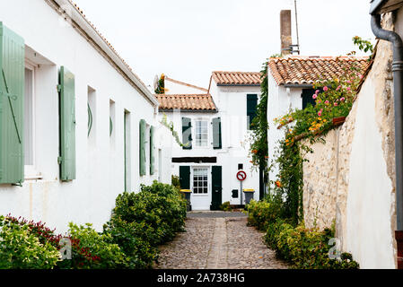 Charmante Straße mit traditionellen, alten Häusern und Blumen in Saint Martin de Re. Insel Re Stockfoto