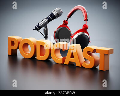 Podcast Wort, Mikrofon und Kopfhörer auf der schwarzen Oberfläche. 3D-Darstellung. Stockfoto