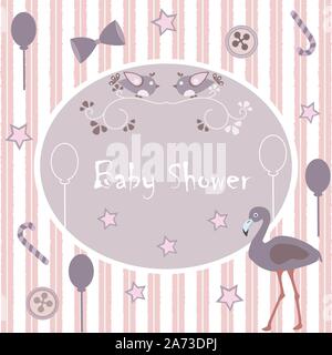 Baby-dusche Einladungskarte Design mit Flamingo, festliche Luftballons, Bonbons, Bug, Knöpfe usw. Baby-dusche-Sammlung. Vector Illustration Stock Vektor