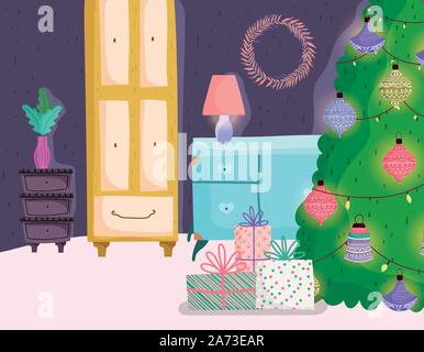 Christbaum Kugeln und Lichtern Geschenke Tischlampe Kranz home Vector Illustration Stock Vektor