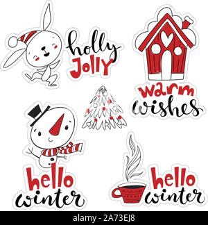 Vektor im skandinavischen Stil Weihnachten Sticker Set. Cute Etiketten mit cartoon Weihnachten Zeichen. Stock Vektor
