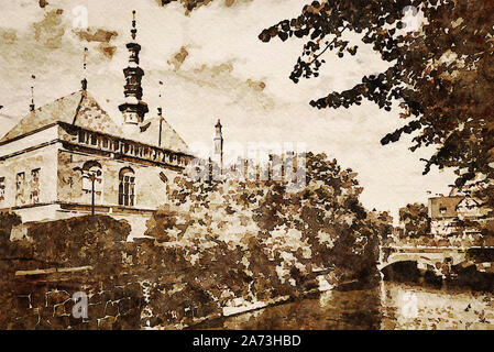 Digitale Kunst Malerei Leinwand - sepia getonten Bild des Raduni Canal in der Altstadt in Danzig mit berühmten mittelalterlichen Sehenswürdigkeiten (Aquarell) Stockfoto