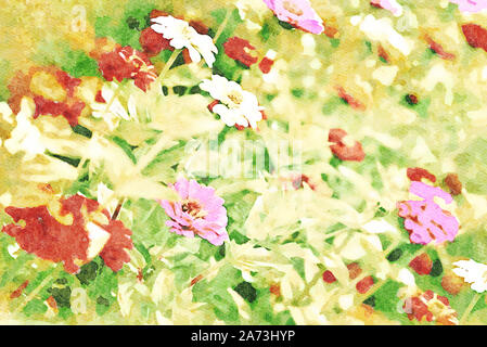 Digitale Kunst Malerei Leinwand - Bündel blühenden bunten Blumen im Garten an einem sonnigen Tag (Aquarell) Stockfoto