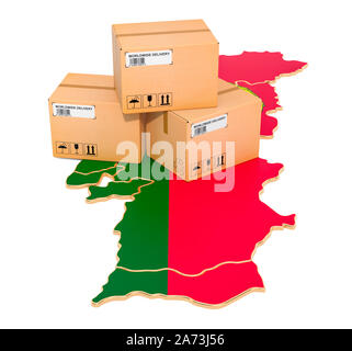 Pakete auf dem portugiesischen Karte. Versand in Portugal, Konzept. 3D-Rendering auf weißem Hintergrund Stockfoto