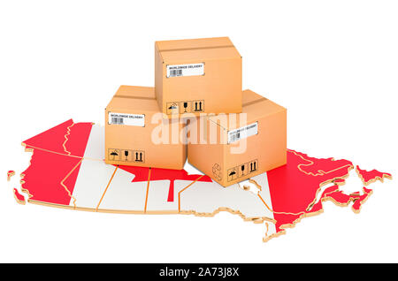 Pakete auf der kanadischen Karte. Versand in Kanada, Konzept. 3D-Rendering auf weißem Hintergrund Stockfoto