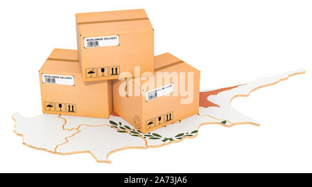 Pakete auf dem Zypern Karte. Versand in Zypern Konzept. 3D-Rendering auf weißem Hintergrund Stockfoto