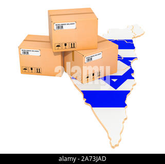 Pakete auf dem israelischen Karte. Versand in Israel, Konzept. 3D-Rendering auf weißem Hintergrund Stockfoto