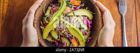 Gemischter grüner Salat mit gegrillter Lachs, Quinoa und Avocado auf Holz Hintergrund gesundes Essen Konzept BANNER, LANGE FORMAT Stockfoto