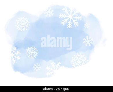 Abstrakte Winterlandschaft auf Hellblau aquarell Spots mit Schneeflocken auf weißem Hintergrund und Kopieren. Stockfoto