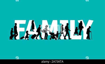 Familie Wort Menschen silhouette Symbol schwarz und weiß. Farbe Vector EPS Abbildung 8. Stock Vektor