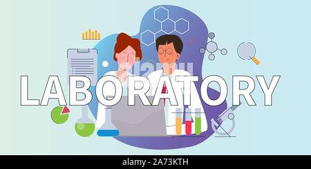 Labor Zeichen großer Text. Konzept der Labor mit Wissenschaftler oder Chemiker arbeitet auf Lab tragen weiße Labor uniform. Männliche und weibliche arbeiten Stock Vektor