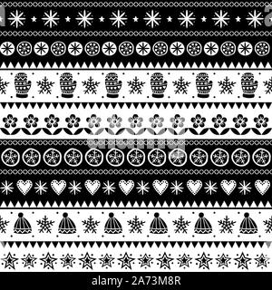 Weihnachten Scandinavian folk art Vector nahtlose Muster, winter Schwarz und Weiß ornament Hand gezeichneten Stil Stock Vektor